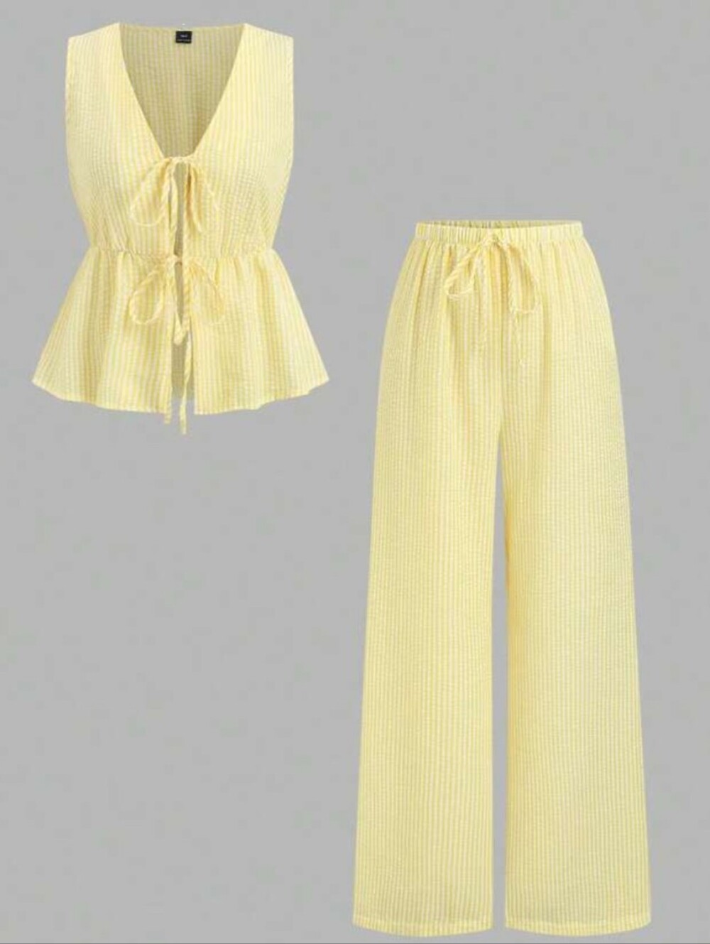 Yellow Crinkle Seersucker Striped 2pc Set Tie Front Top Wide Leg Pants M